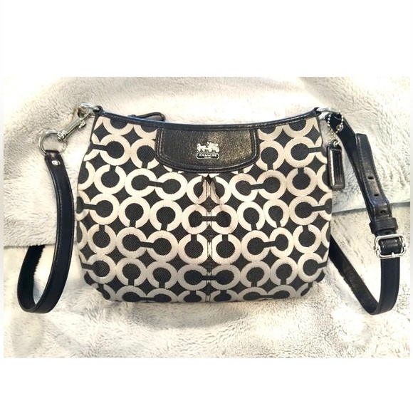 COACH Signature Crossbody Hobo Bag Black Silver with Charm size Medium - Picture 1 of 12